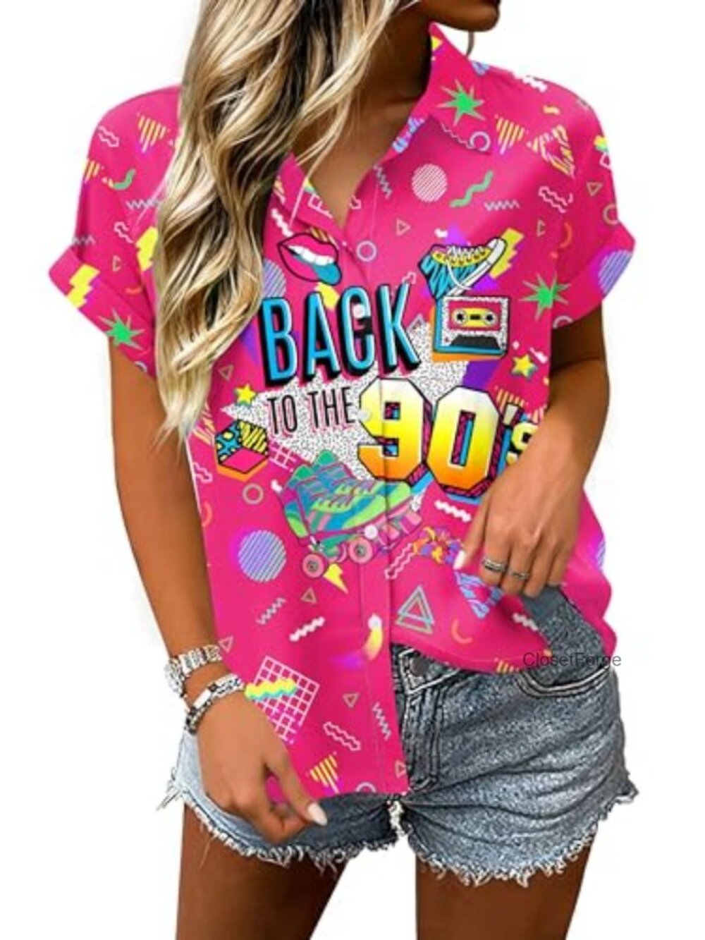 80s Disco Hawaiian Button Up Shirt Retro Theme Party Women's Blouse